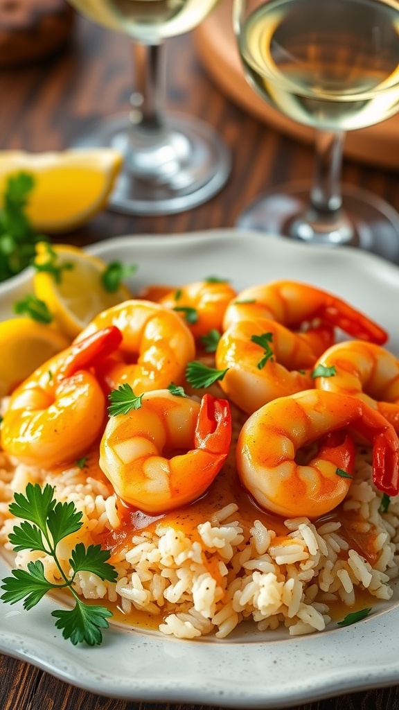 Garlic butter shrimp served over rice with parsley and lemon wedges on a rustic table.